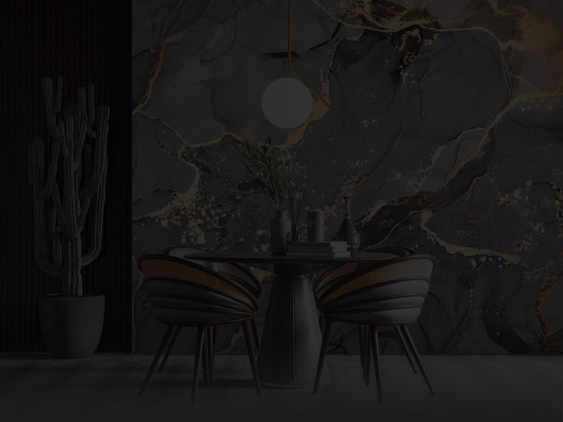 A living room with a printed stone wall