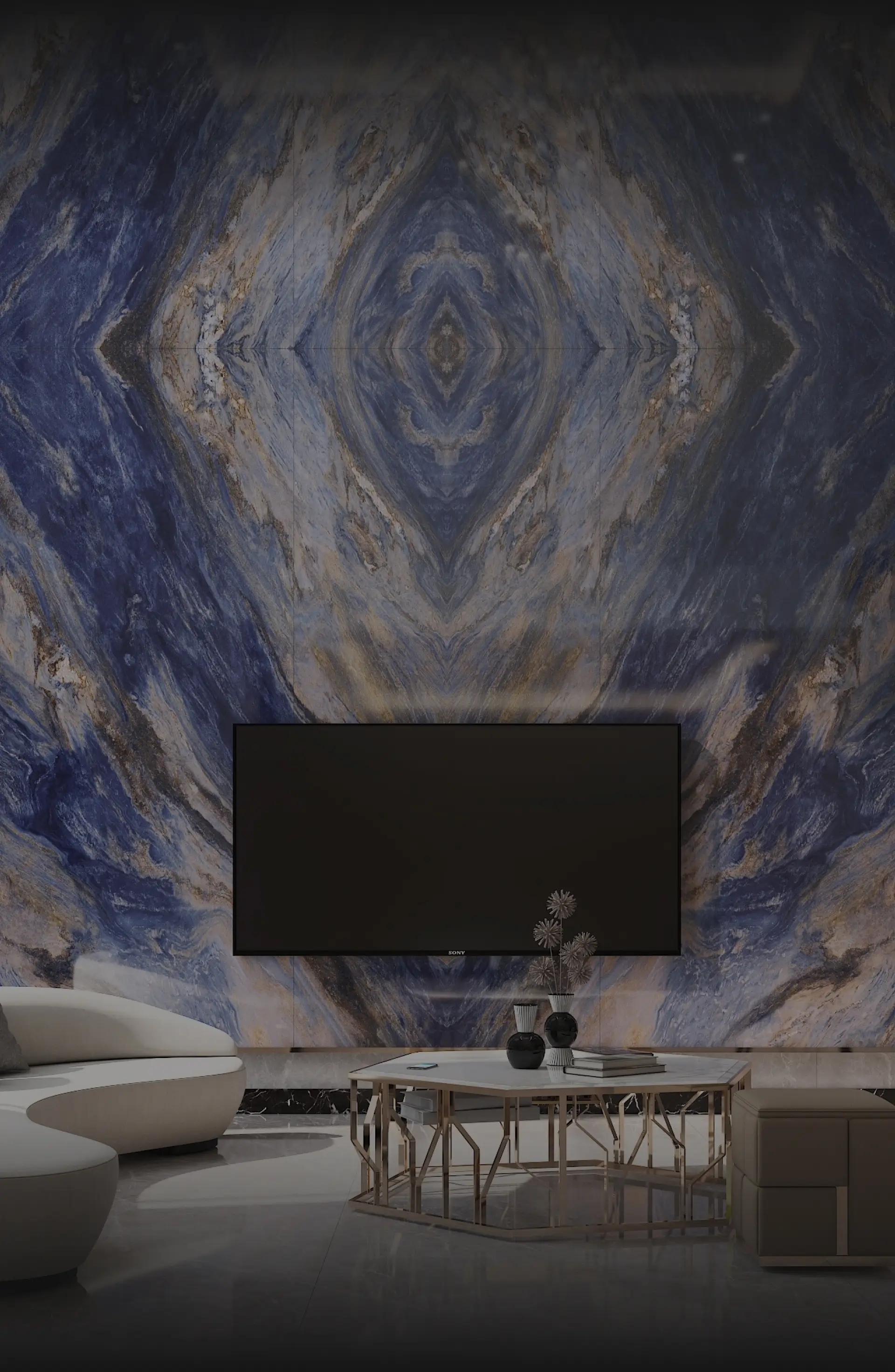 A living room with a printed stone wall
