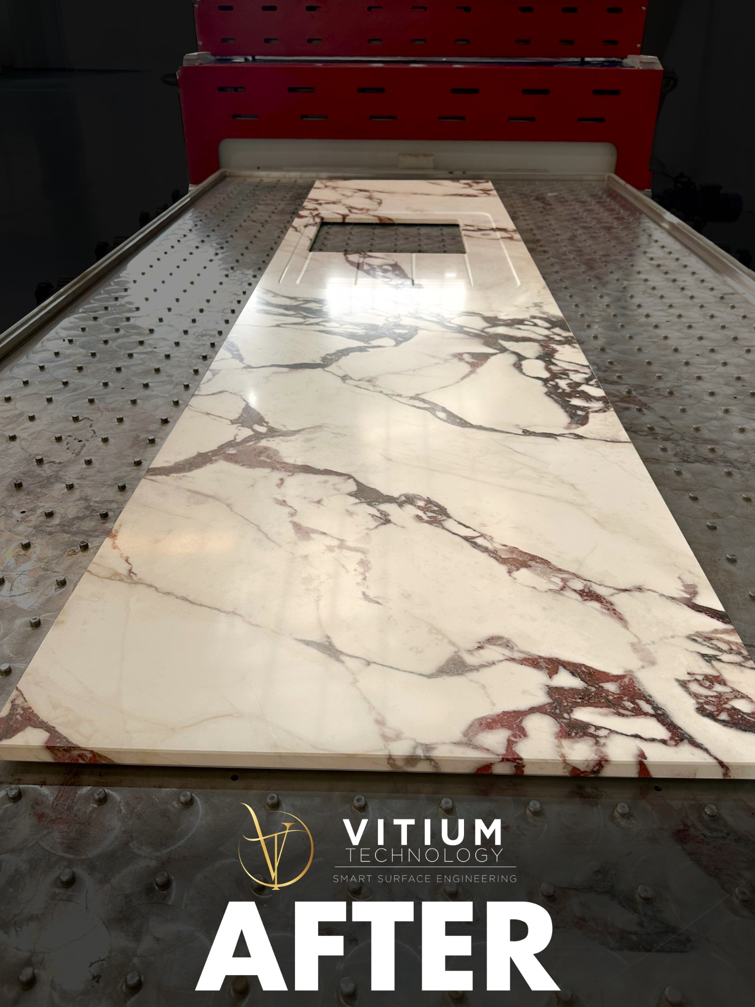 Original after photograph of the same fabricated countertop with a burgundy and cream vein design.